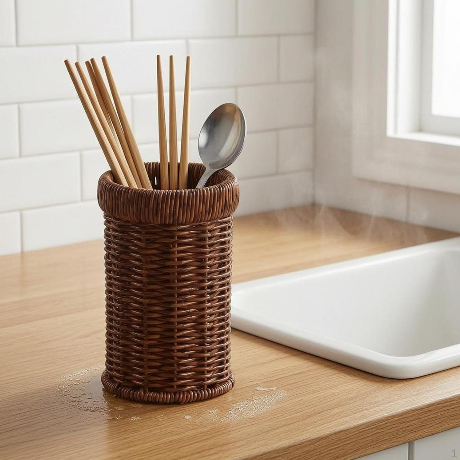Woven Utensil Holder Iron Frame Cylindrical Cutlery Organizer