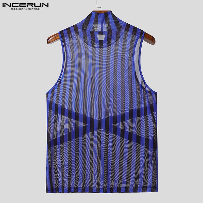 INCERUN 2PCS Men Sleeveless Striped Mesh Sheer Tank Tops Elastic Waist Layers Pants Sets