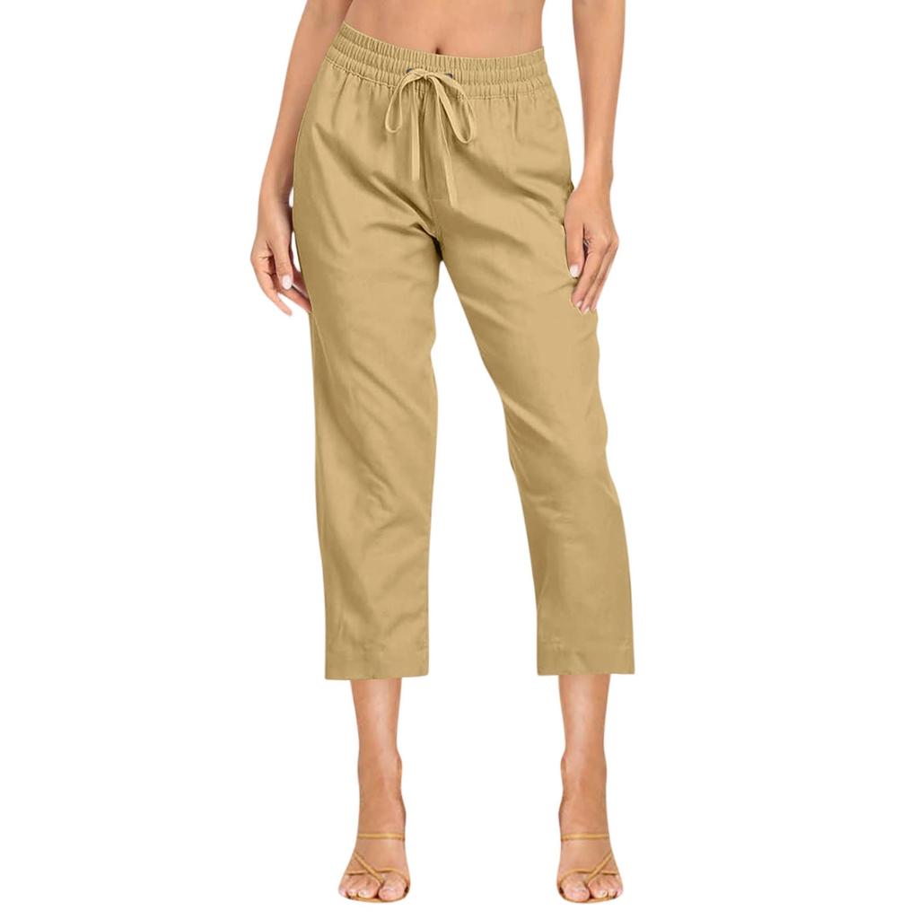 Ensfarget bomulls- og linbukser for kvinner Løs 7-punktsbukse med lommer