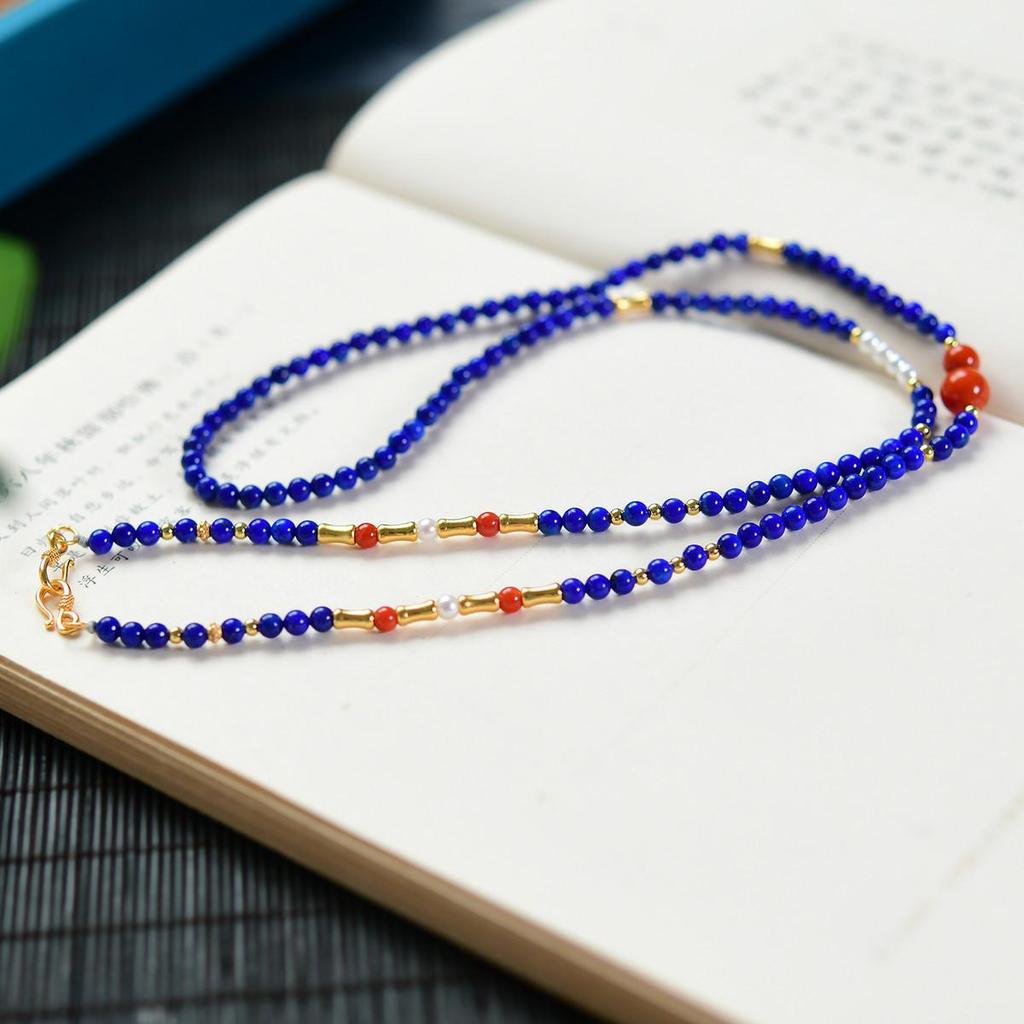 Naturalny Lapis Lazuli i Południowy Czerwony Agat Perłowy Naszyjnik & Bransoletka z Koralików ze Srebra 925 Zestaw