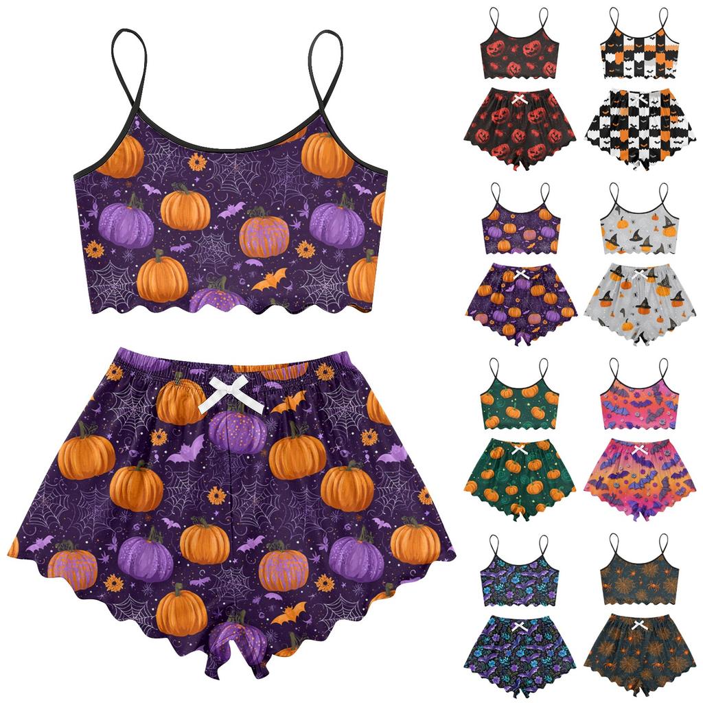 Women's Halloween Set With Retro Floral Print Suspender Sleeveless Vest Shorts Pajama Set
