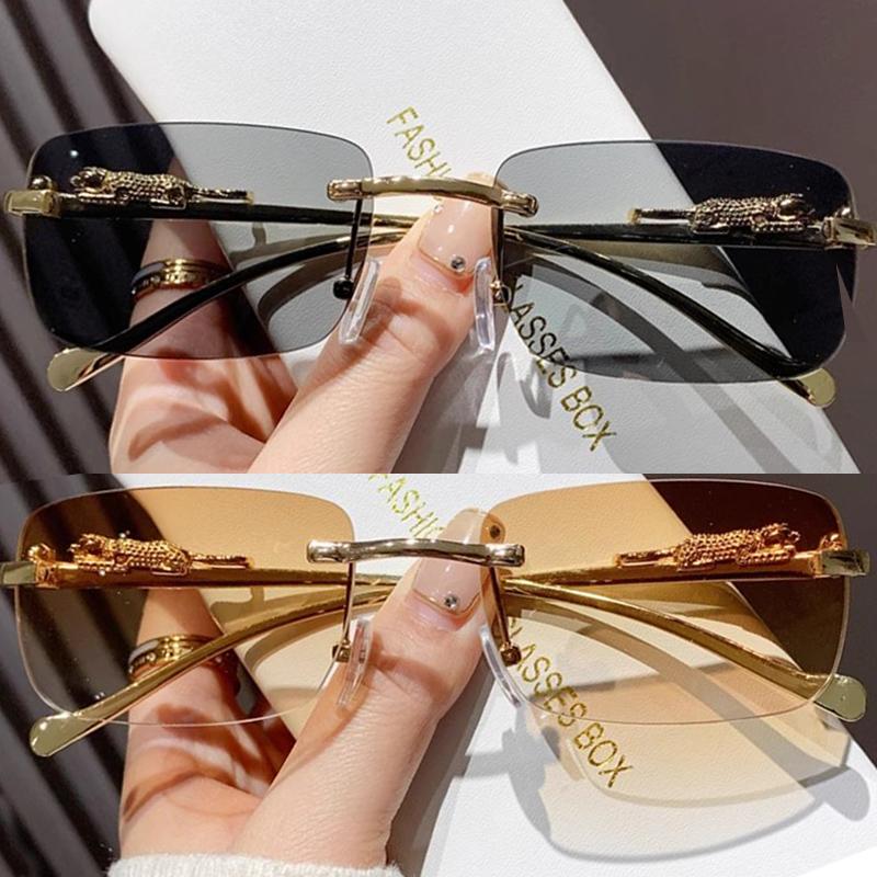 Square Rimless Sunglasses Women Men Cut Edge Golden Leopard Small Frame Sun Glasses Designer Retro Shade Eyewear Uv400