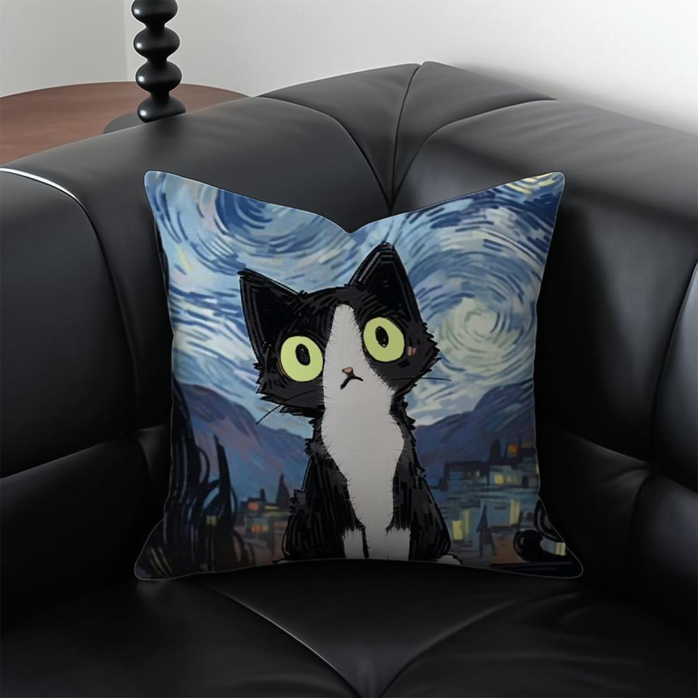 Van Gogh Starry Sky Kawaii Cat Cushion Cover Pillow Case Anti-Dustmite Invisible Zipper Silky Plush Cushion