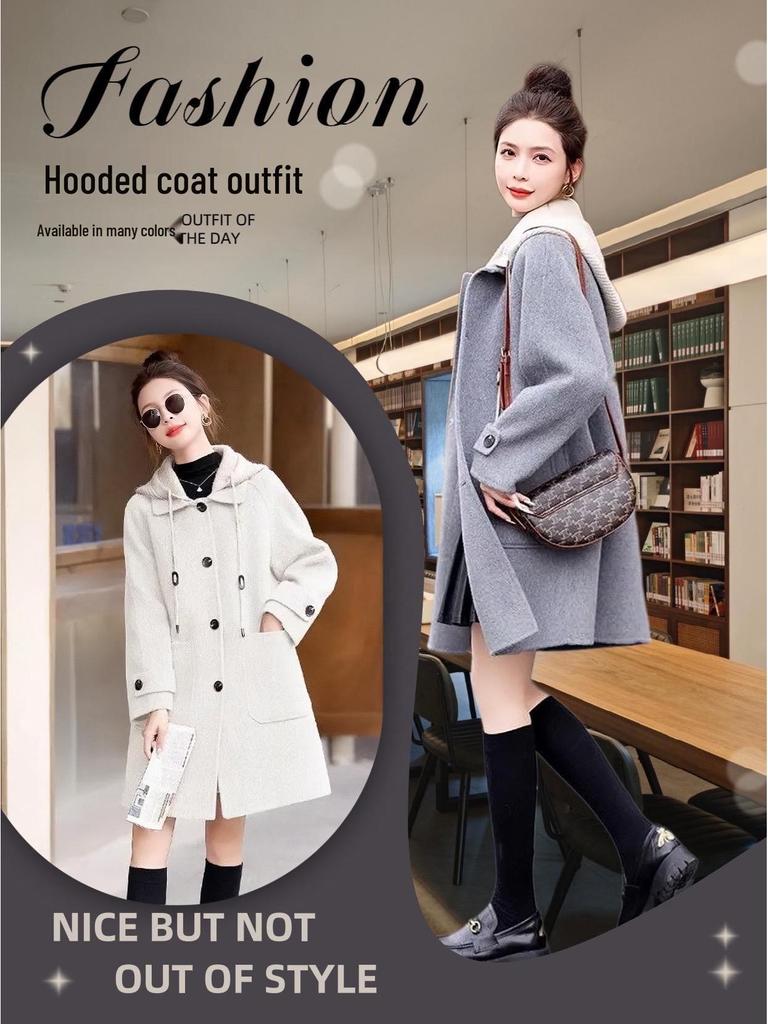 Women's Hooded Double-Faced Cashmere Coat - Slim College Style, Mid-Length, Versatile Wool for Autumn/Winter.