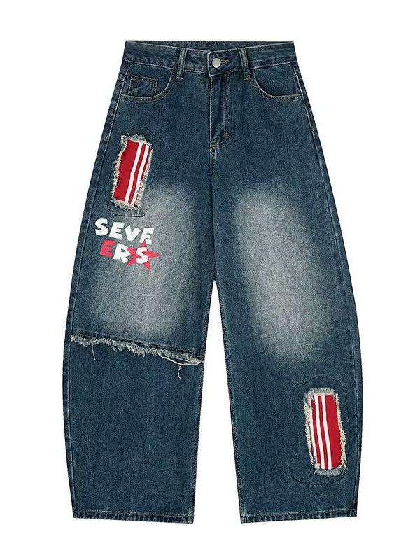 Unisex Retro Patchwork Ripped Wide-Leg Jeans