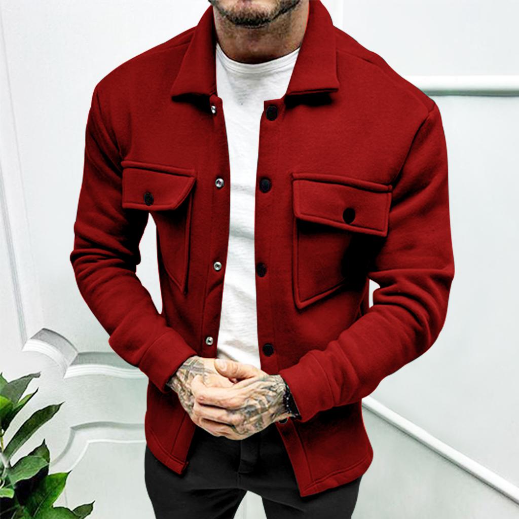 Men's Knitted Shacket Jacket Solid Black Lapel Cardigan with Double Chest Pockets Slim Fit Casual Coat for Men