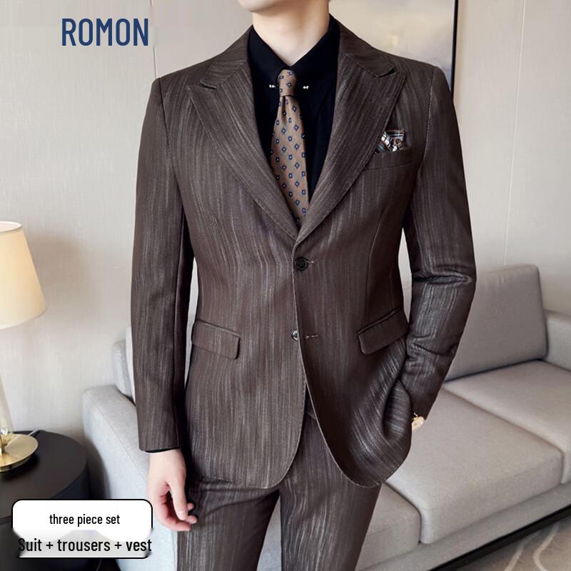 ROMON Men s Business Striped 3-Piece Suit Set 5XL