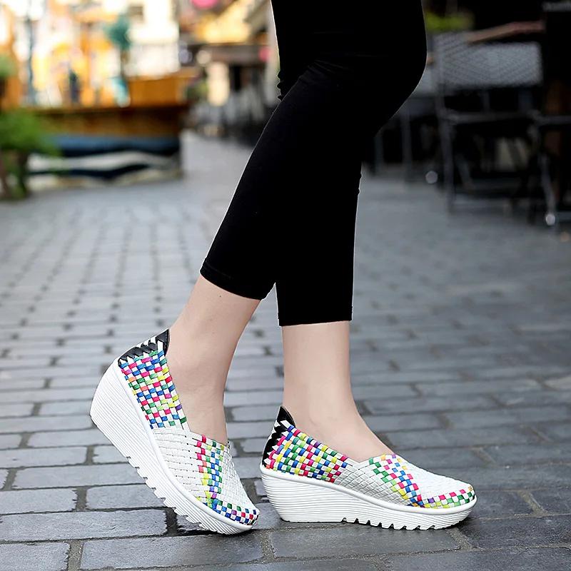 New Women's Plus Size 35-42 Women's Wedge Thick Soled Sports Shoes Fashionable Woven Hollow Women's Loafers Slip On Casual Shoes