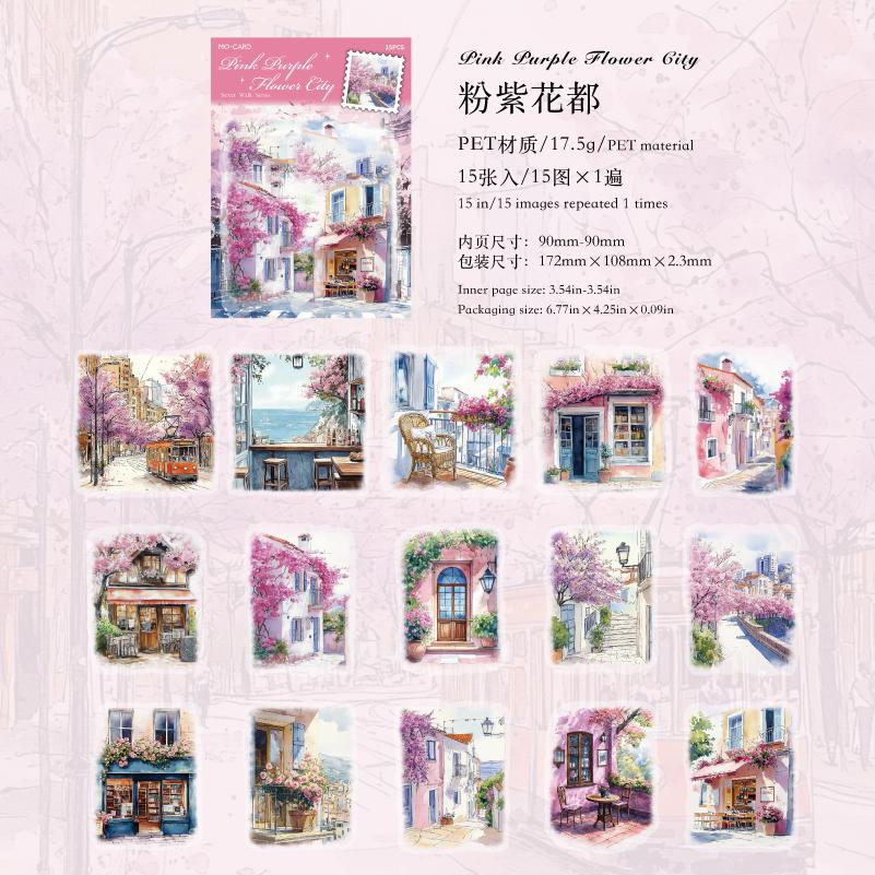 

15Sheets/bag PET Large size Sticker Bag City Street Forest Town Rainy Landscape Pattern Stickers Background Collage Decoration