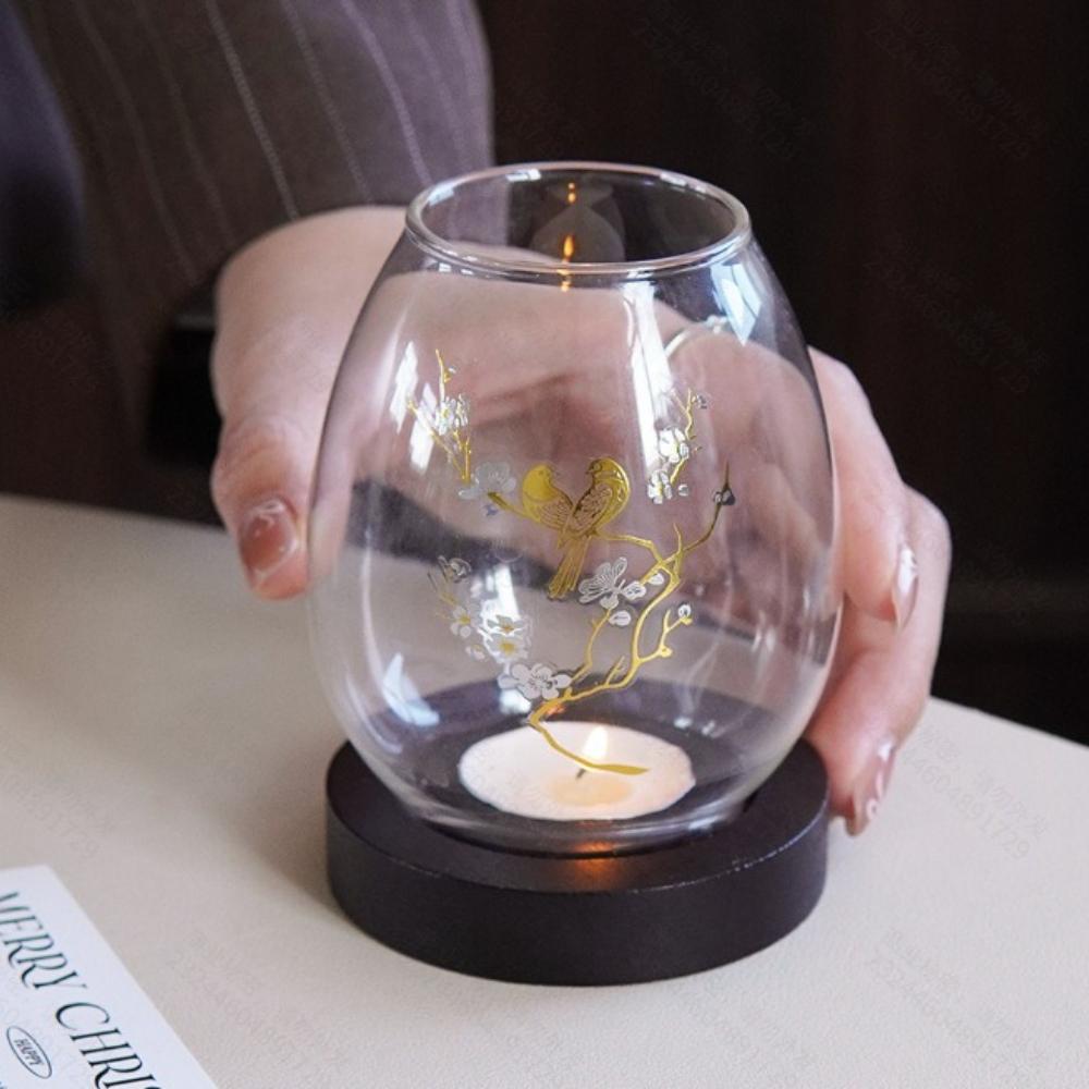 Evropský Retro Styl Průhledný Skleněný Svícen Dřevěný Podstavec Domácí Větruodolný Šálek na Svíčku Zrcadlový Stolík Ložnice Obývací Pokoj Dekorace