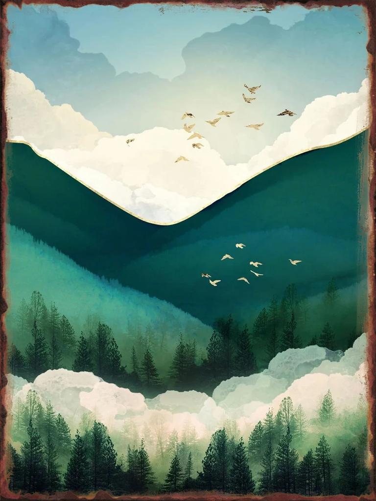 Moonlit Mountains Metal Tin Sign Hanging Wall Decor Aesthetic Iron Plate for Home Sofa Background Decorative Plaque Art