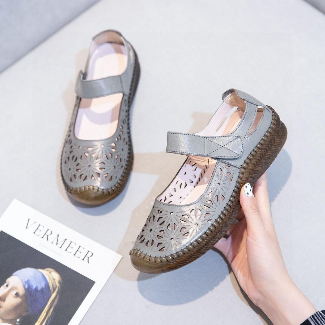 

Мамины сандалии женские летние кожаные мягкая подошва для среднего возраста на плоской подошве носить новые туфли с отверстиями женские среднего и пожилого возраста подошва из говяжьей жилы 41 серый