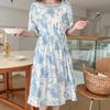 Short-sleeved all-person cotton and silk nightdress, innovative retractable belt, floral knee-length skirt, large skirt, enlarged version