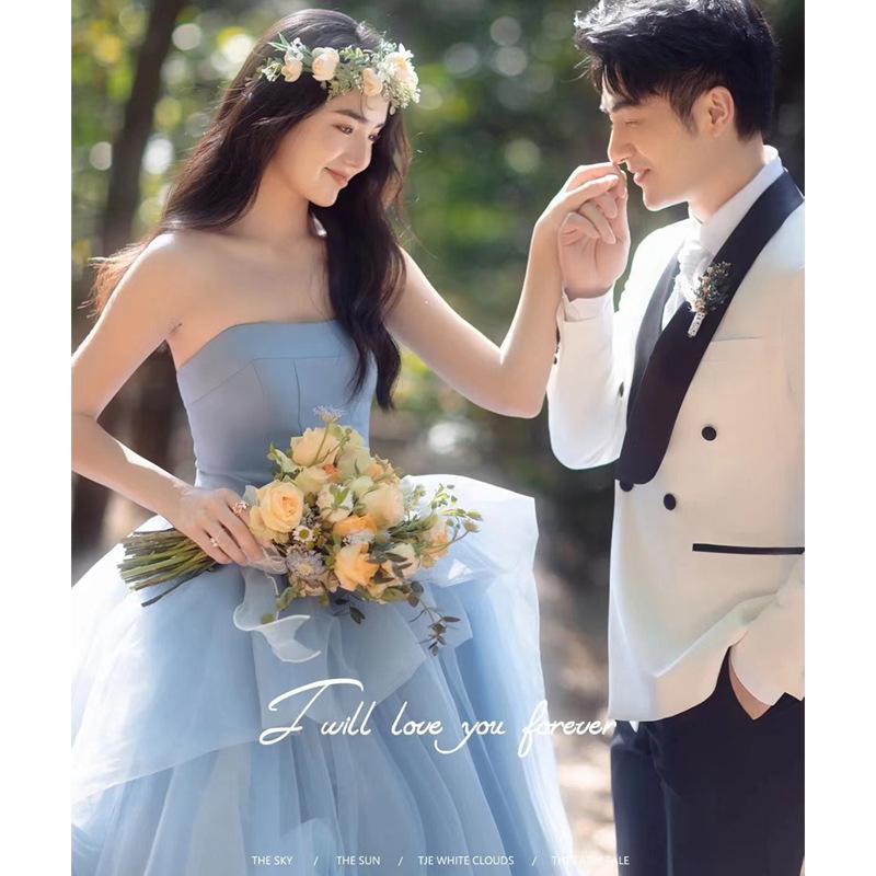 Kläder färg garn tubtopp Mori par blå bröllopsklänning släpande blomma gräsmatta ny klänning