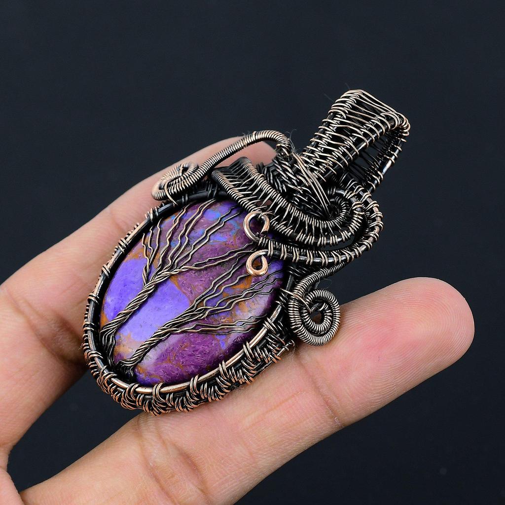 Double Tree of Life Purple Turquoise Pendant, 999 Copper Wire Wrapped Jewelry, Gemstone Jewelry Pendant, Handmade Wedding Gift Jewelry