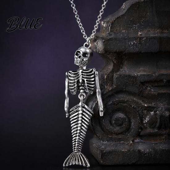 Künstlerisches Meerjungfrauen-Knochen-Charme Schädel-Skelett Anhänger Halskette Gotischer Dunkler Fantasy Schmuck Halskette im Vintage-Stil für Damen Kreatives Gruseliges Accessoire,