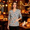 Women's Halloween Print V-Neck Top with Pockets, Side Slit, 3/4 Sleeves