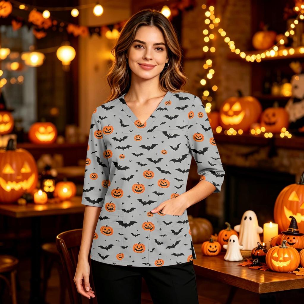 Women's Halloween Print V-Neck Top with Pockets, Side Slit, 3/4 Sleeves