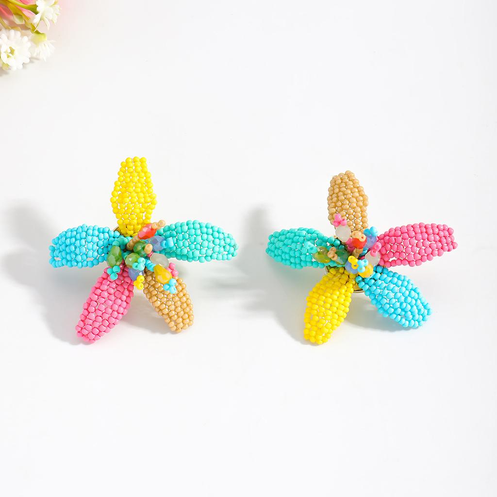 Summer color dopamine beaded flower stud earrings hand-woven three-dimensional petal design temperament earrings
