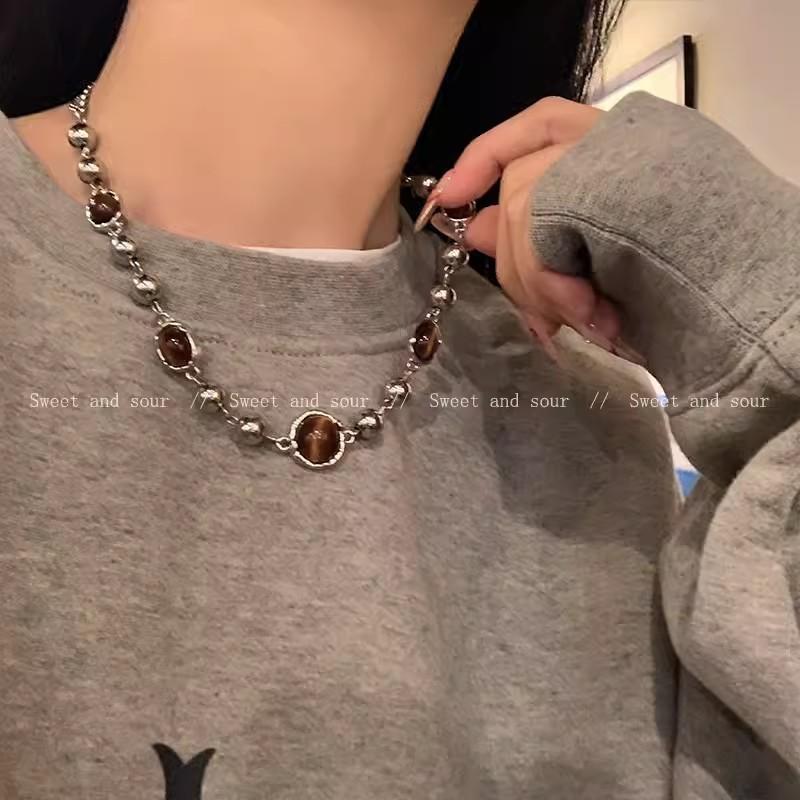 Maillard Tiger's Eye Stone Necklace Light Luxury Niche Premium French Retro Clavicle Chain New Neck Chain