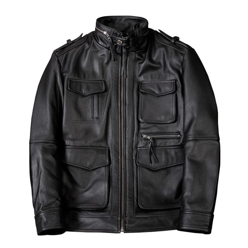 New Genuine Leather Jacket Men M65 Modified Hunting Coat Long Size Motorcycle Outerwear Autumn Winter