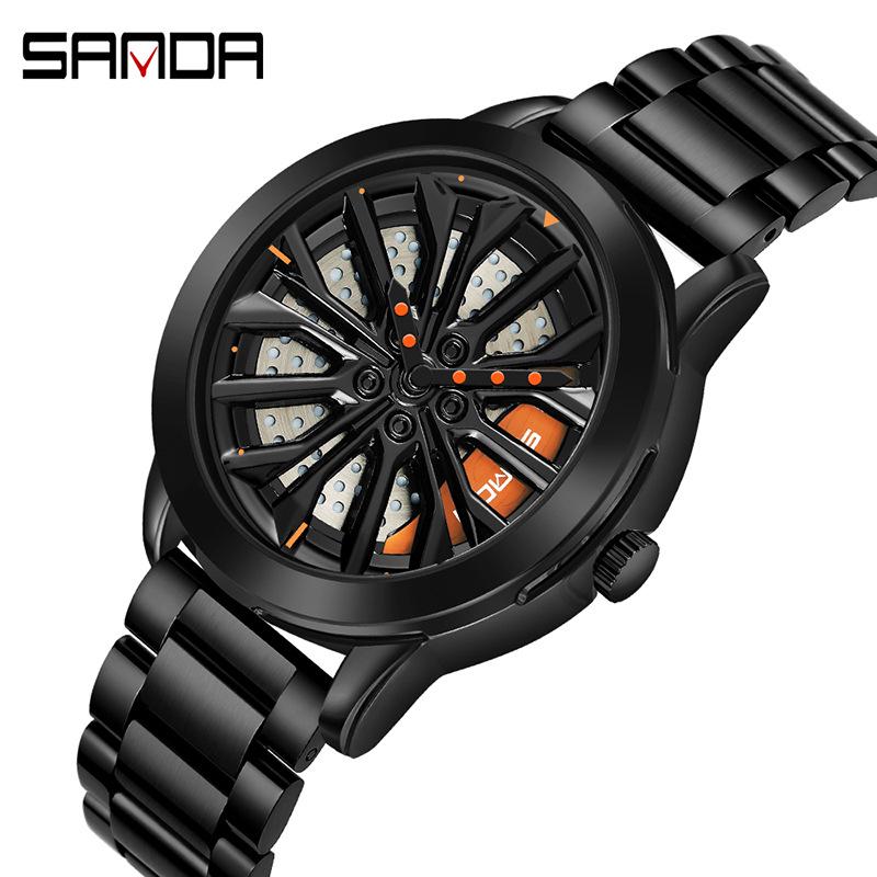 Sanda Men's Creative Wheel Quartz Watch - Trendy Rotating Waterproof Wristwatch