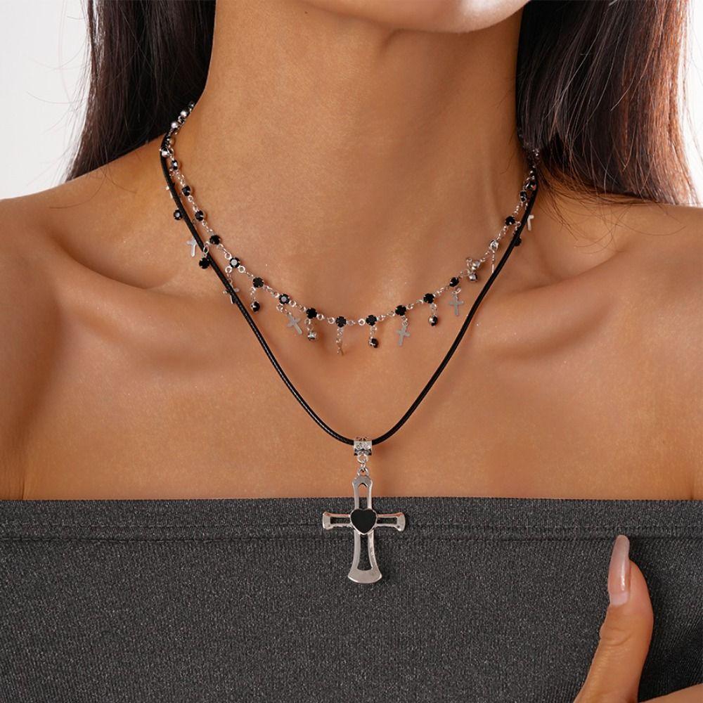 Heart Cross Pendant Choker Necklace Gothic Neck Jewelry Creative Double Layer Necklace  Girls