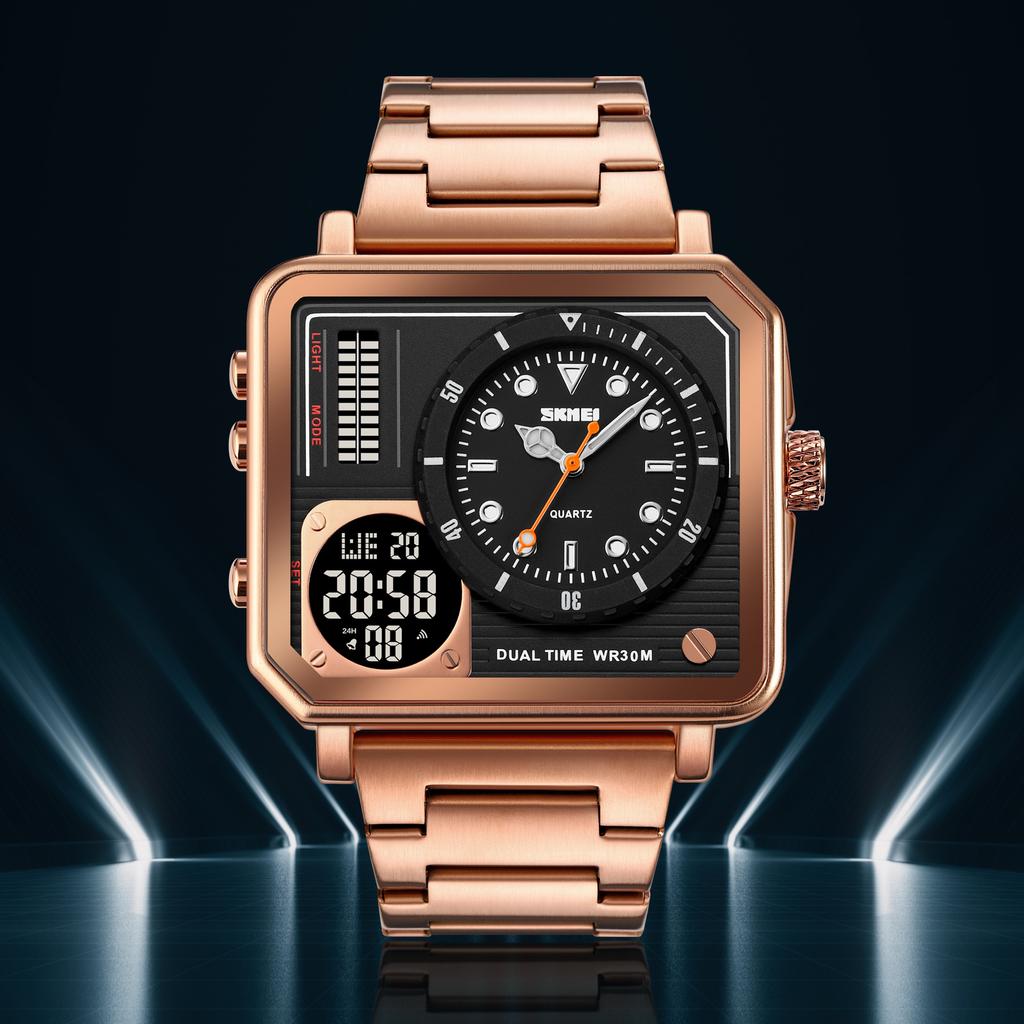 SKMEI Clock reloj hombre Full Steel Back Light Analog Digital Sport Watches Mens Casual 2 Time Chrono Wristwatch Waterproof