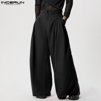 Men Zipper Up Wide Leg Pants Pleated Solid High Waist Loose Long Trousers
