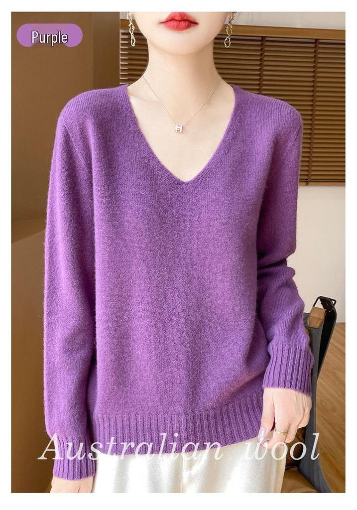 Women's V-Neck Thickened Wool Knit Sweater – 100% Pure Loose Fit