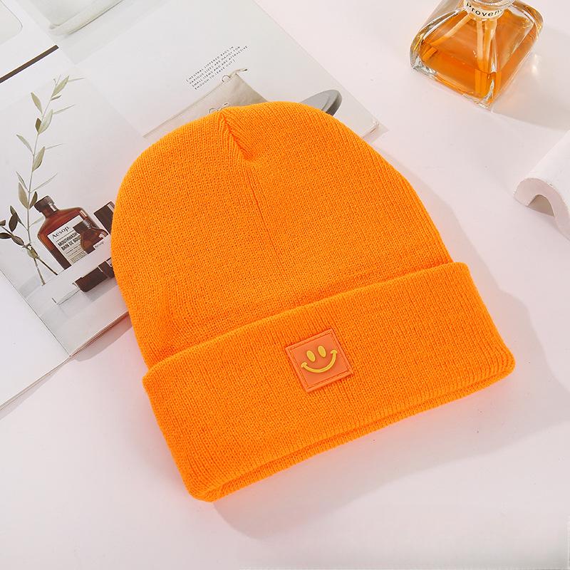 Children's Smiling Face Hats In Stock Children's Candy Colored Knitted Hats with Embroidery Cold Hats for Boys Girls Smiling Face Logo Yarn Hats