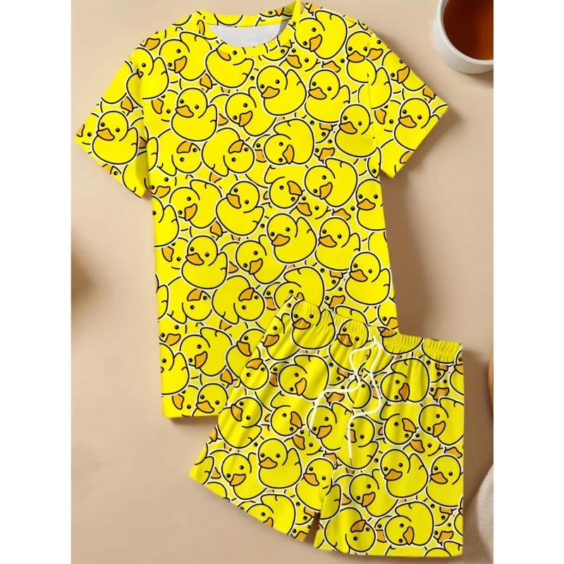 Summer Cartoon Small Pattern Full Print Fashionable Loose Men's Daily Comfortable Two-piece Short Sleeved Sport Wear