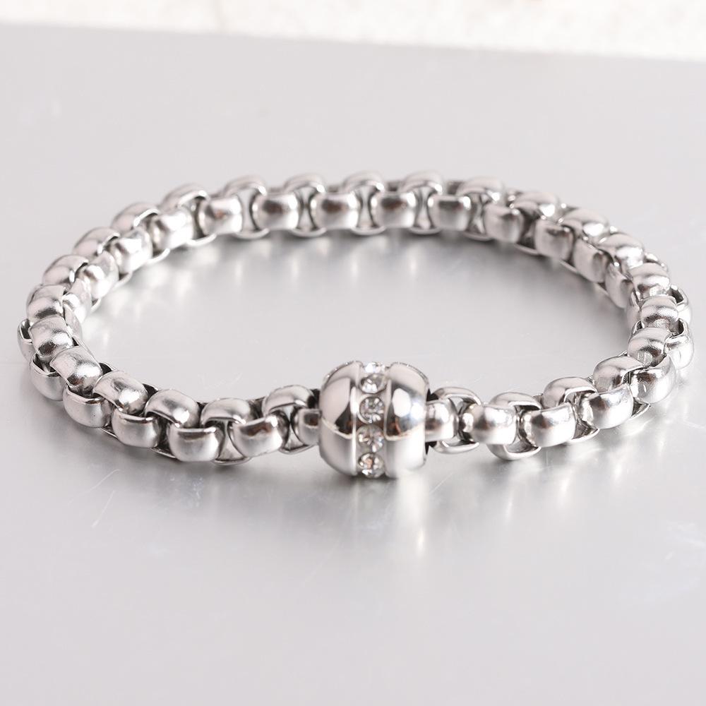 European & American Fashion 7MM Square Round Beads Rhinestone Stainless Steel Bracelet, 18K Gold Plated for Women