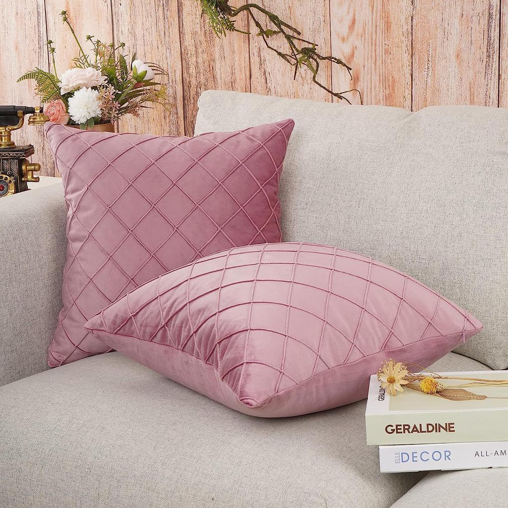 Ins Sofa Pillowcase Simple Checked Home Decoration Pillow Solid Color Velvet Cushion Cover