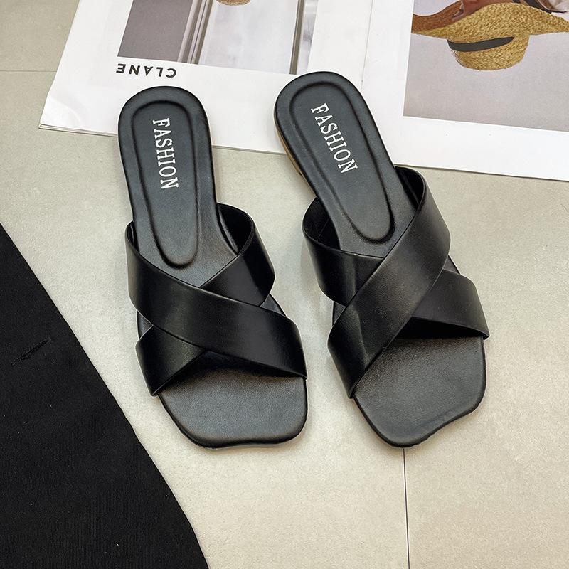 Internet Celebrity Cross Cool Slippers Women's Summer Korean Version Candy Color Square Head Flat Bottom Outer Slippers Women's Shoes