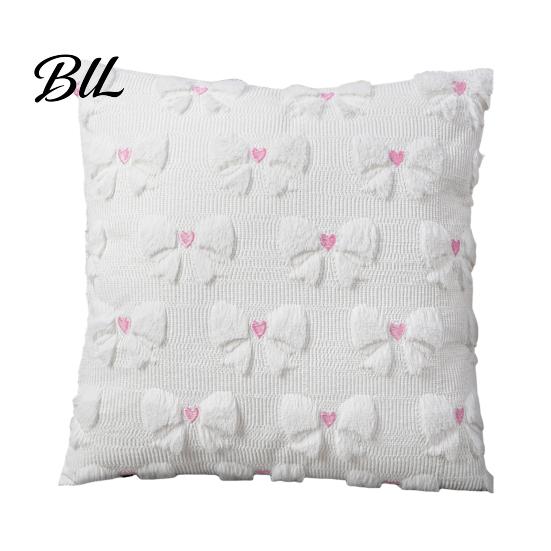 Decorative Throw Pillow Covers Plush Cover, Heart Embroidery Cushion Case with 3D Bowknot Jacquard, Pillows for Anniversary Soft Fluffy Couch