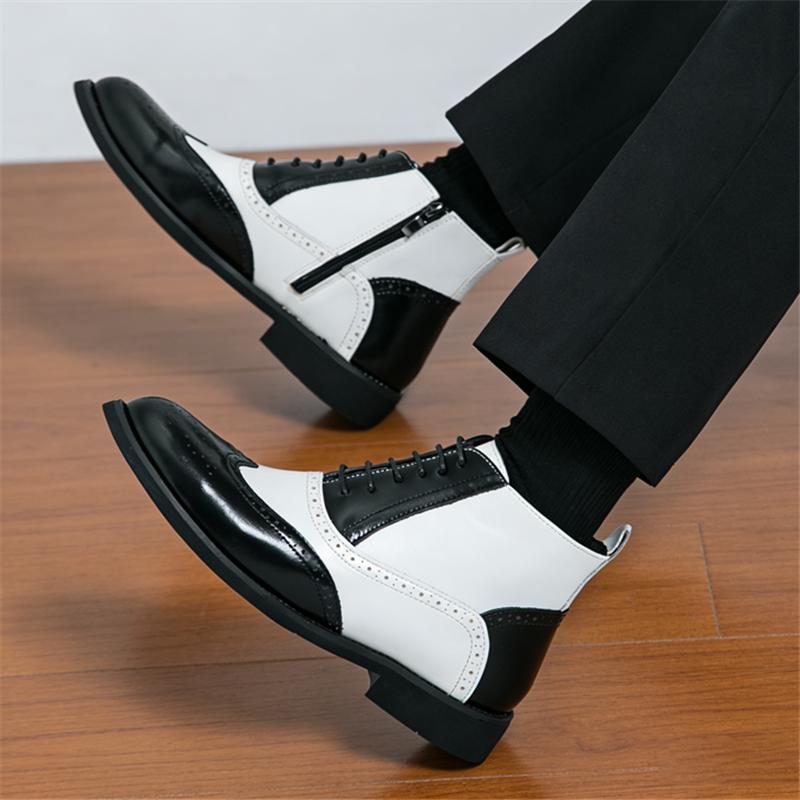 Trend New Pointed Black with White Mix Patchwork Casual Ankle Boot For Men Winter Fashion High Tops Shoes Zapatos Hombre