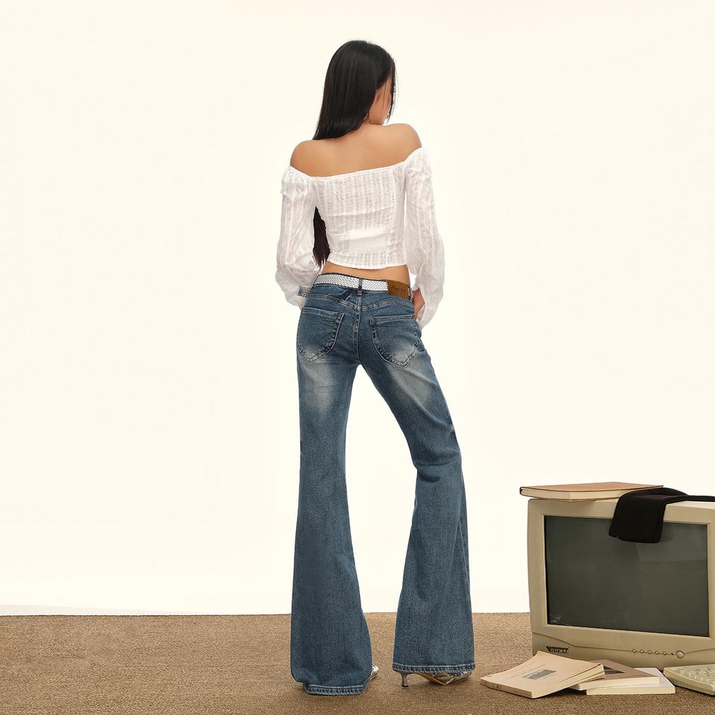 Retro washed low-rise slightly pulled jeans women's autumn and winter new elastic slim-fitting and thin versatile bell pants