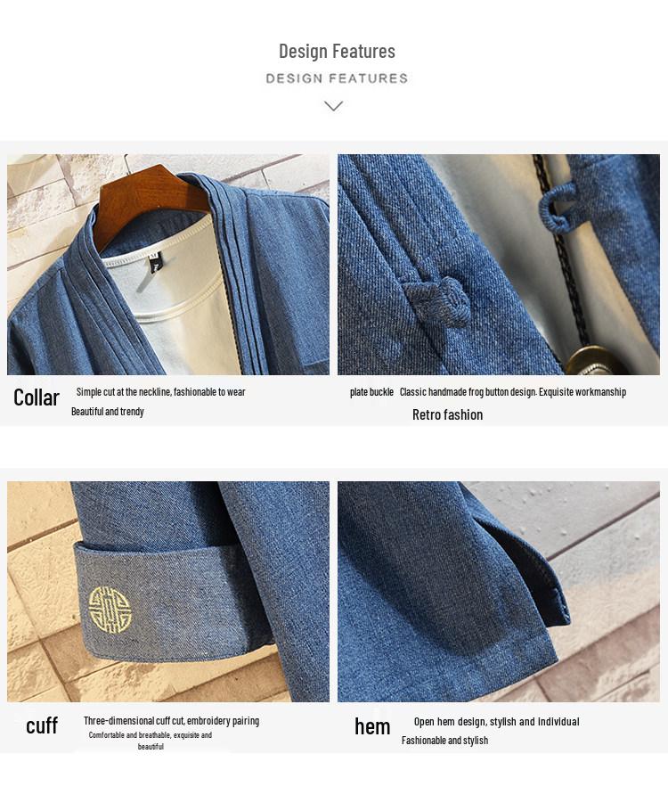 Herren Frühling Denim Tang Anzug Jacke mit chinesischen Froschknöpfen: Zen-inspirierte taoistische Hanfu-Robe