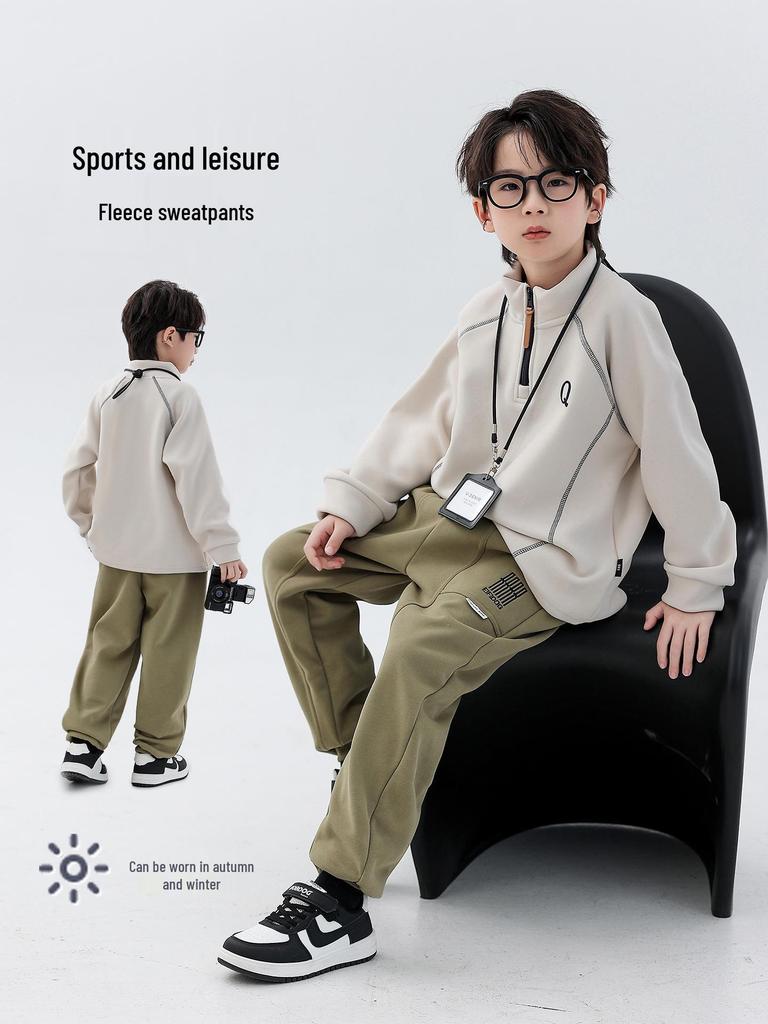 Boys' Plush Fleece Sweatpants - 2025 Autumn/Winter Collection: Thick, One-Piece, Loose Fit for Older Kids