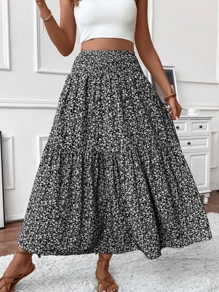 A-line Floral Print Patchwork Skirt: European & American Style for Autumn and Summer