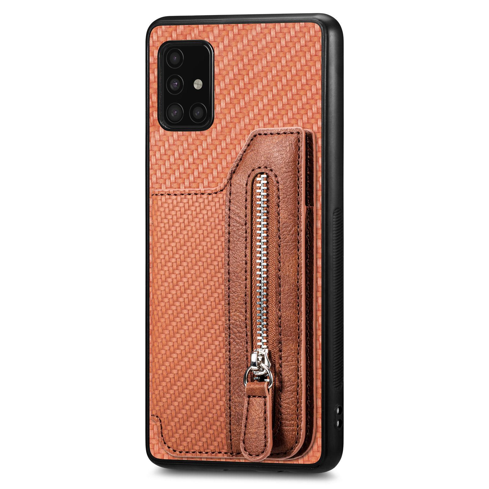

For Samsung Galaxy A51 5G SM-A516 Case Leather+PC+TPU Zipper Wallet Phone Shell Brown