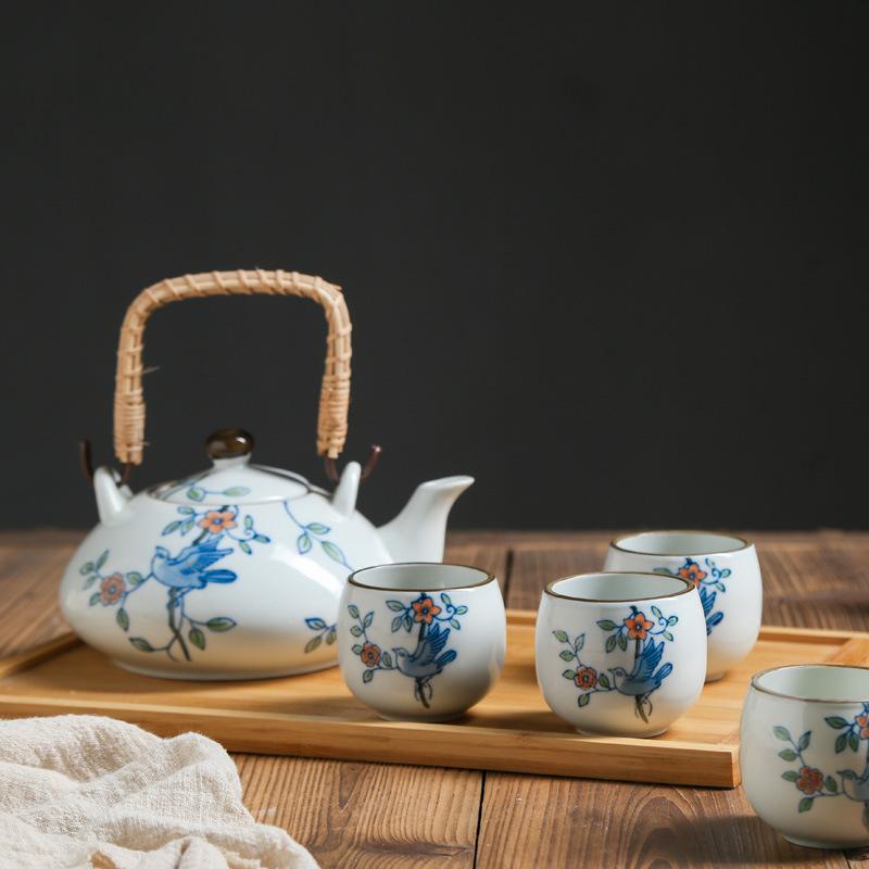 White Ceramic Porcelain Tea Set Flower and Bird Design 800ml Teapot with Handle (1 kettle + 4 teacups) Gift Box