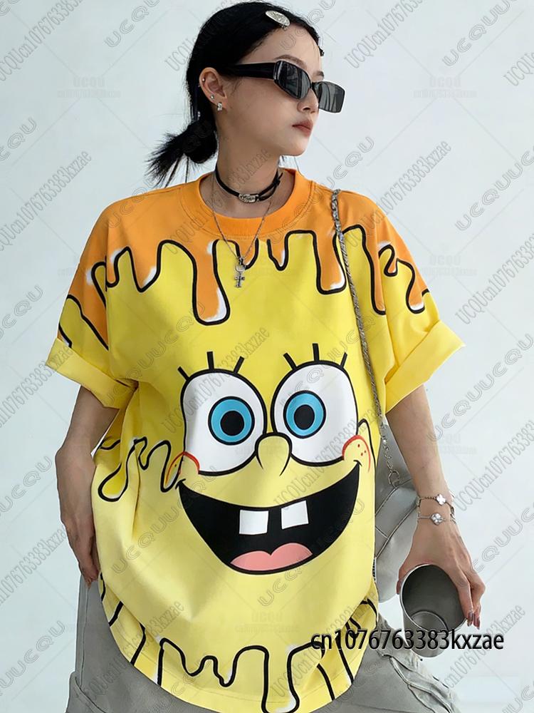 Summer New Cartoon Spongebob Print Tshirts For Wounisex Casual Street Hip Hop Tshirts Kawaii Sleepwear For Couple Y2k Loose Tops