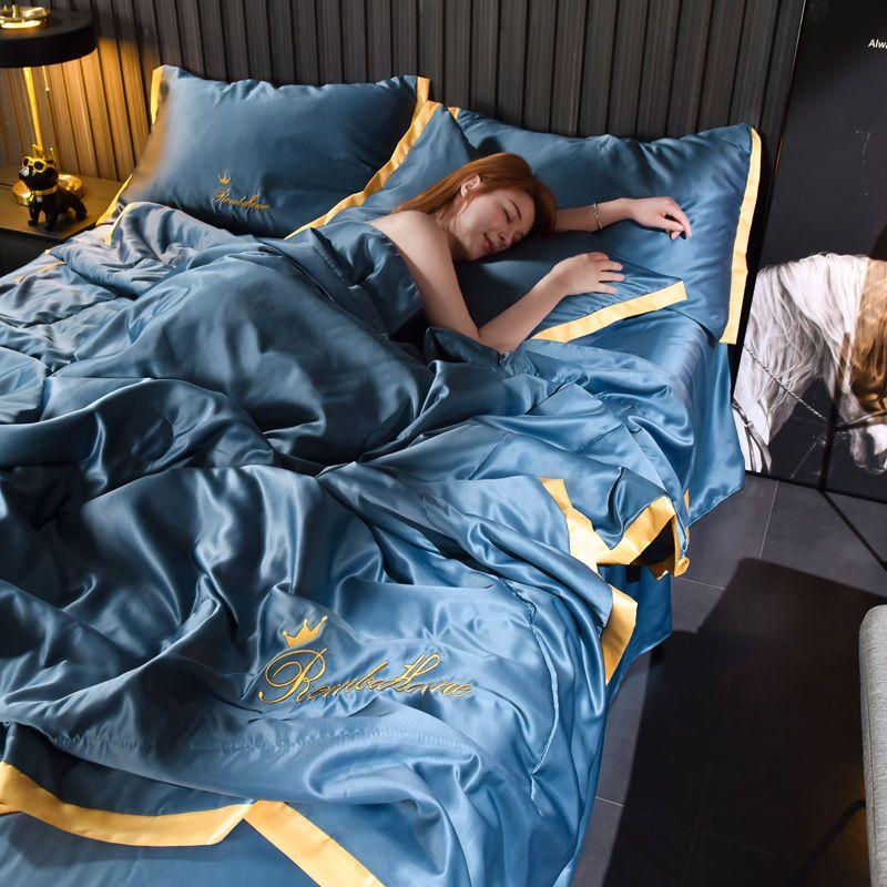 Luxury Ice Silk Summer Blanket 4/3/1 Pcs Embroidery Silky Cool Feel Quilt Set or 1 Quilts Breathable Air Conditioning Comforter