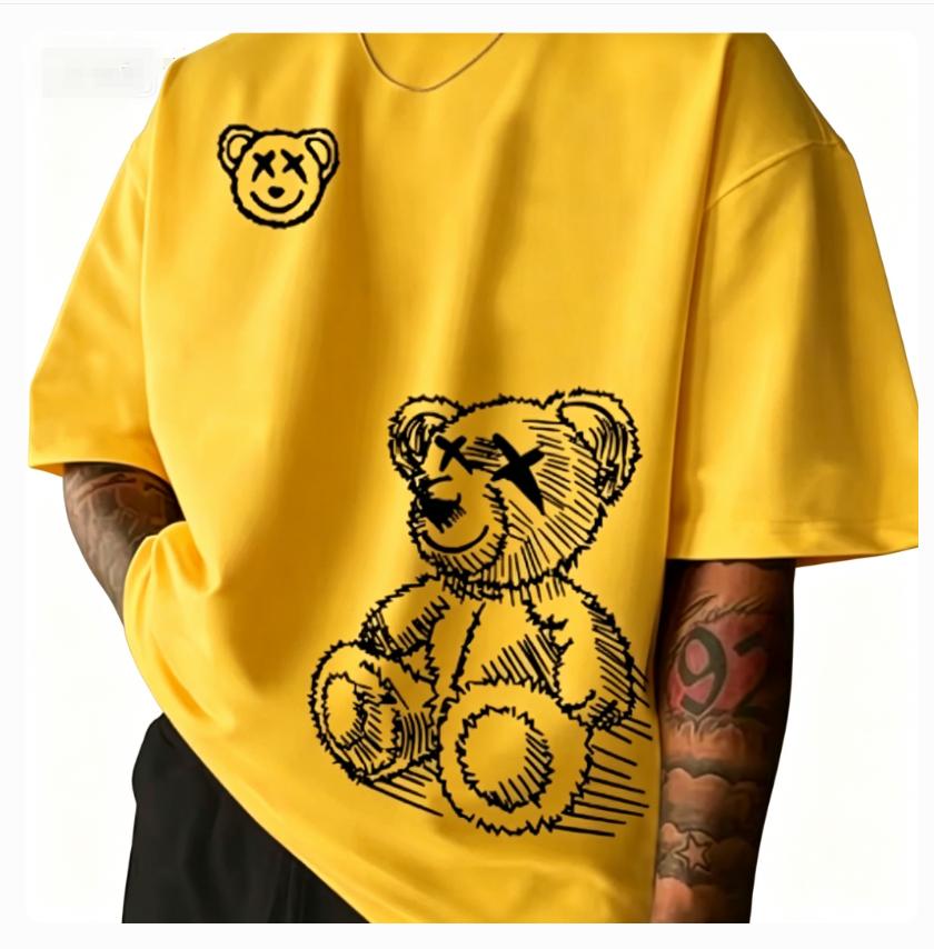 Summer Unisexs Pure Cotton Casual Sports Loose and Fashionable Cartoon Bear Pattern Printed Round Neck Short Sleeved Tshirt Soft
