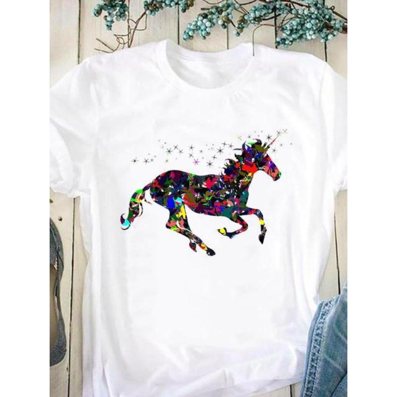 Horse Pattern Printed Women's Pure Cotton Short Sleeved Round Neck White T-Shirts Women’s