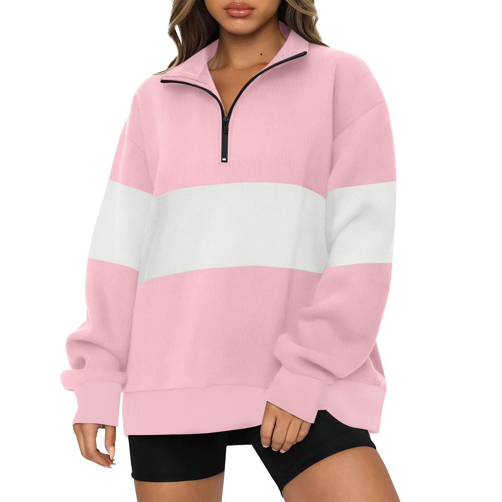

Women s Casual Loose Long Sleeved Patchwork Zipper Sweatshirt Top Loose Striped Sweatshirt L рожевий