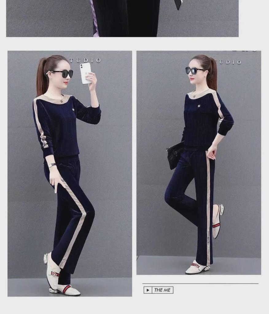 Costum Sport Damă Catifea Aurie: Set elegant, casual din două piese pentru primăvara și toamna 2024