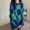 Sweter w kratę, damski, pogrubiony, luźny sweter z okrągłym dekoltem, dzianinowy top